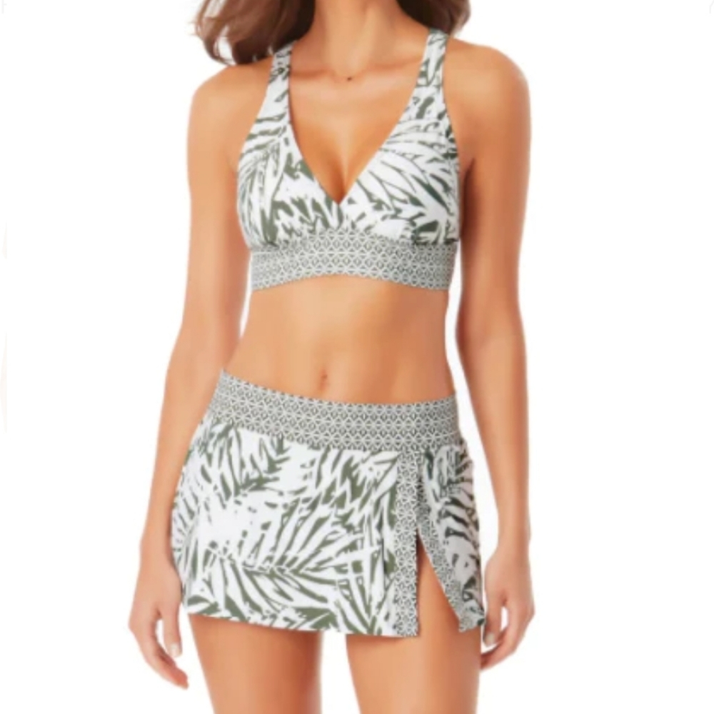 Anne Cole 2 piece skirted bikini swimsuit green/white palm breeze size xs